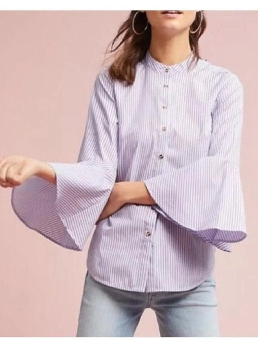Anthropologie Maeve Striped Fluted Bell Sleeve Top Mandarin Collar US 8